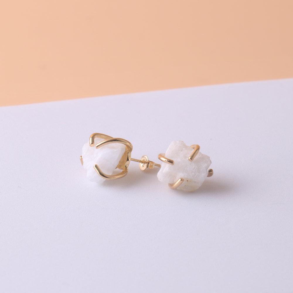 Natural Gemstone Earrings for Women - 18K Gold Plated Raw Amethyst and Rose Quartz Healing Crystal Stud Earrings