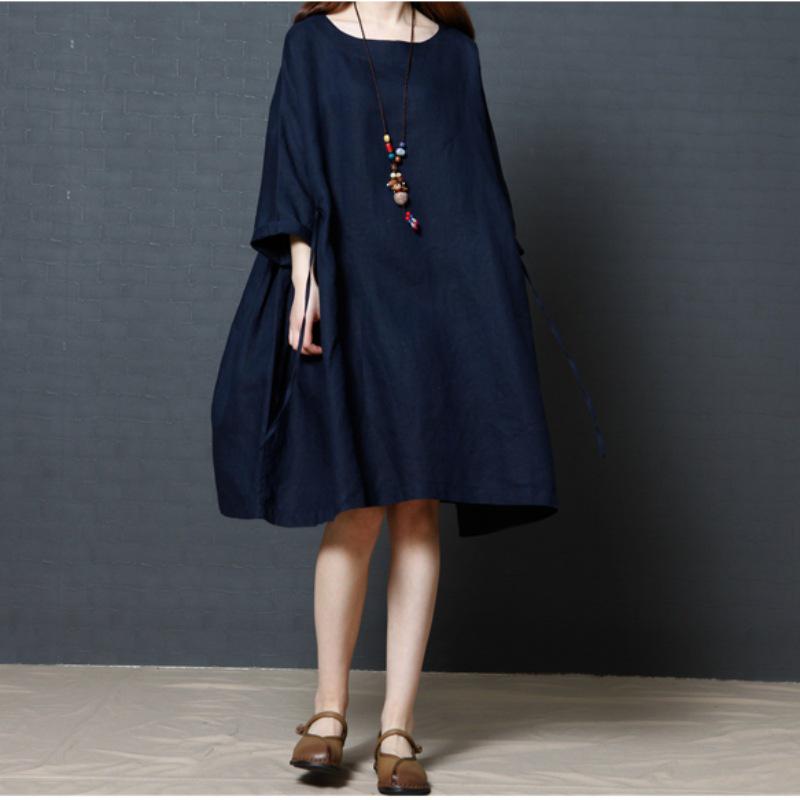 

2026 Spring Korean Style Loose Plus Size Round Neck Cotton Linen Dress with Lace-up Waist and Mid-Length Sleeves XXL темно-синього кольору
