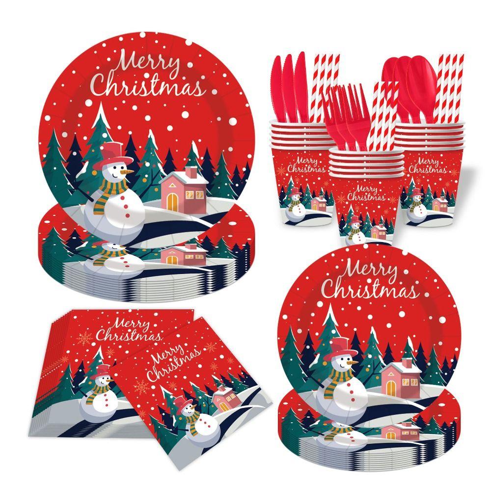 Color Printed Christmas Disposable Tableware Reindeer Design Party Dinnerware Set Venue Decoration