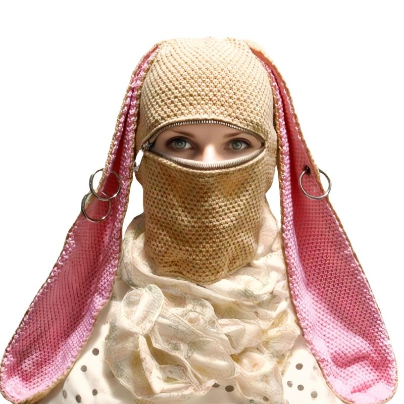 

Knitted Hooded Face Mask Hat Adult Lovely Balaclava Hat with Long Rabbit Ears Teens Winter Warm Hat for Daily Use розовый