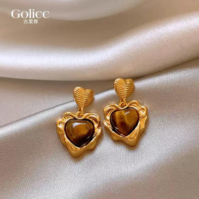 Tiger Eye Stone Earrings Alloy High End Ear Accessories Maillard Earrings Light Luxury Light Luxury Earrings For Gifts Daily