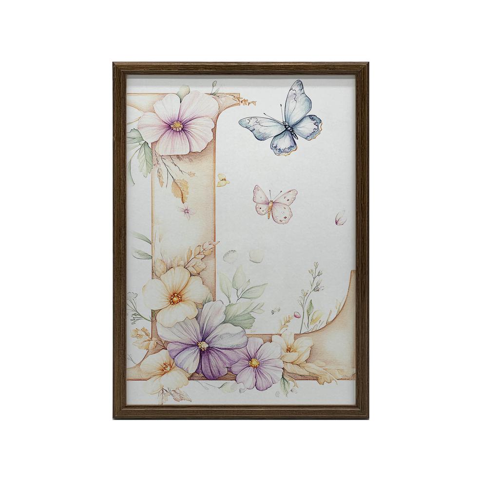 Poster "L" i blommor och fjärilar Poster "L" i blommor och fjärilar, 30X40 cm, Guld aluminiumram, Matt papper 230 gsm