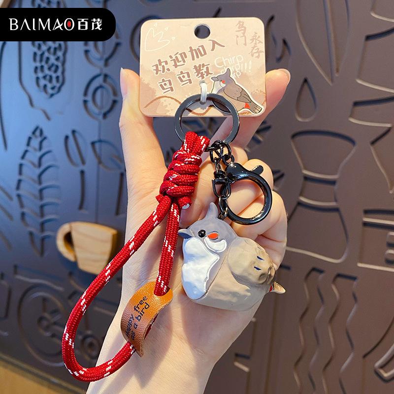 Original wood carving wind bird keychain pendant creative resin pearl bird couple keychain schoolbag pendant