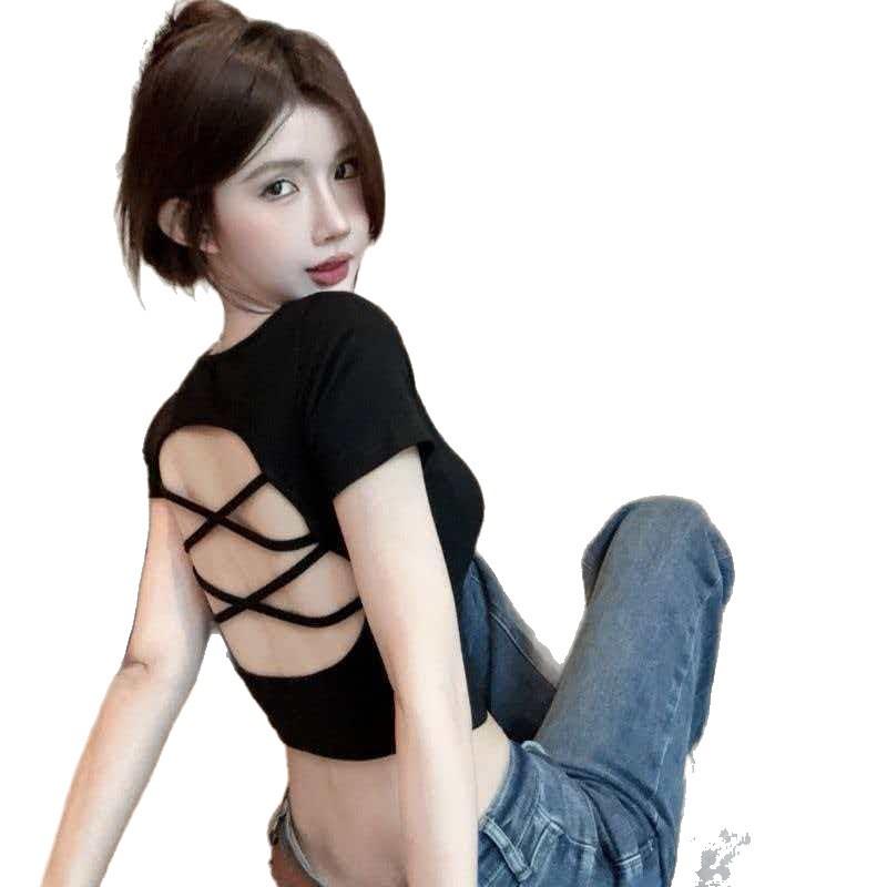 Pure desire design back hollow square neck short-sleeved T-shirt women's summer new slim mind machine backless top