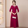 Zhilian Angola Red Handmade Rhinestone Seven-Sleeve High-Waist A-Line Long Dress (Spring 2026)