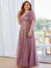Plus Size Embroidered Sequin Evening Gown with Ruffle Sleeves and Fishtail Skirt