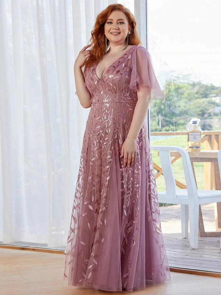 Plus Size Embroidered Sequin Evening Gown with Ruffle Sleeves and Fishtail Skirt