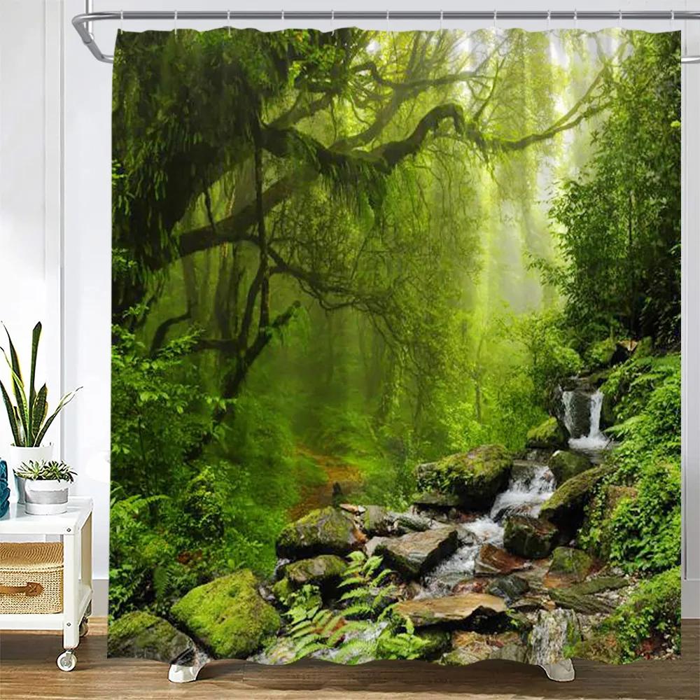 

Chinese Style Shower Curtain Vintage Wood Board Garden Building Green Plant Floral Pattern Bathroom Decor Bath Curtain With Hook W60H190(CM)-1 Pcs