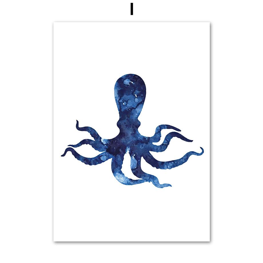 Nautical Navy Blue Sea Urchin Shell Starfish Octopus Turtle Poster Wall Art Print Canvas Painting Baby Bathroom Bedroom Decor