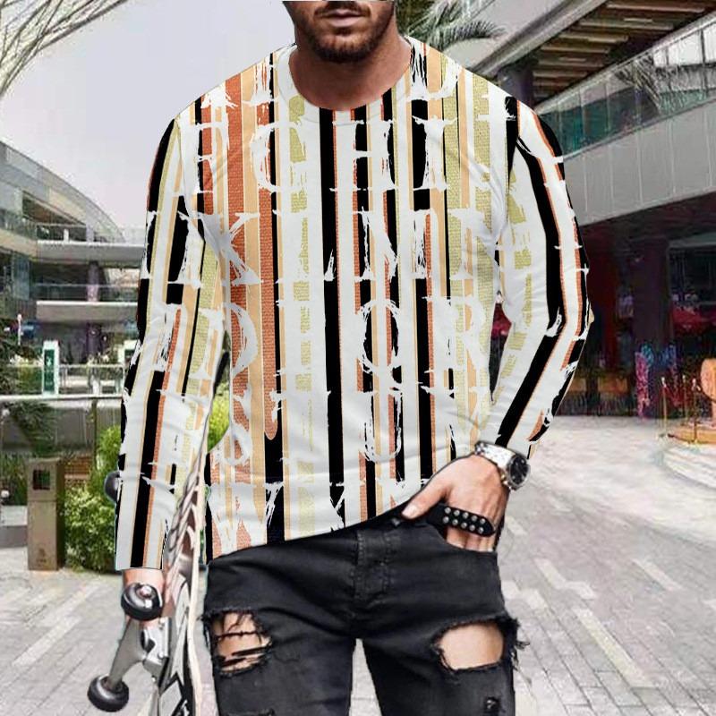 Long Sleeve Striped Men's Fashion T-Shirts Loose Casual Oversize Breathable Tops 3D Printed Letters Street Hip Hop Male Top Tee