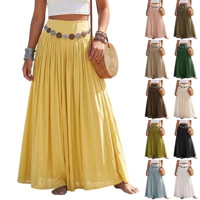 Women Elastic Waist Long Skirt Cotton Linen Blend Bohemian Style Maxi Skirt with Vintage Waist Chain for Casual Holiday Beachwear