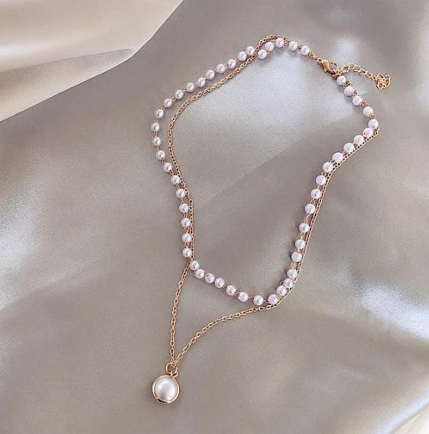 New Fashion Kpop Pearl Gold Color Goth Choker Necklace Cute Double Layer Beads Chain Pendant For Women Party Jewelry Girl Gift