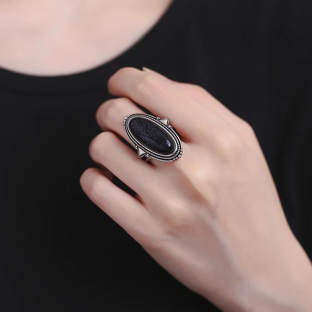 Rings for Women CopperFine Jewelry Vintage 11*25 Big Blue Aventurine Turquoise Hollow Out Elegant Finger Ring Gift