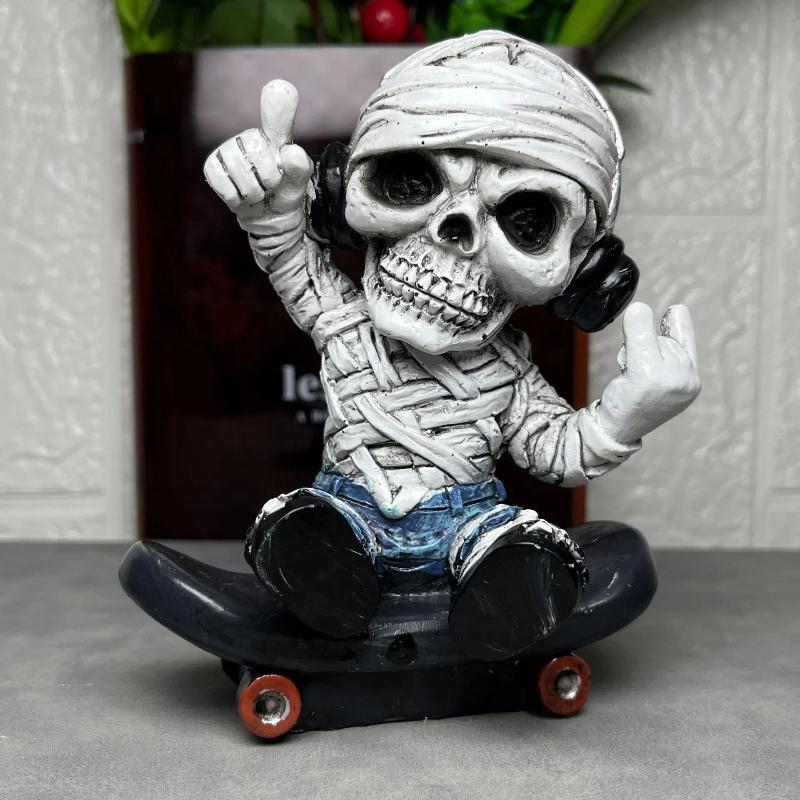 2025 Halloween Skateboard Skeleton Figurine Scary Resins Skull Statue Ornament Home Decors for Desktop Book Shelf