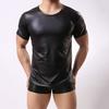 Men T-shirt Short Sleeve Elastic Faux Leather Undershirt Muscle T-shirt for Party