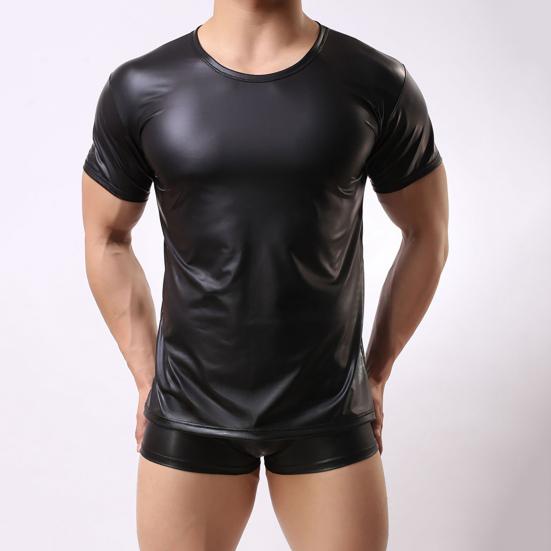 Men T-shirt Short Sleeve Elastic Faux Leather Undershirt Muscle T-shirt for Party