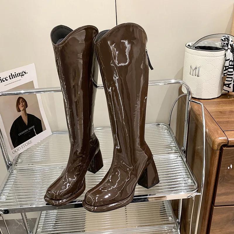 2024 Autumn-winter Patent Leather V-mouth Female Autumn-winter New High Heel and Large Tube Girt Knight Boots