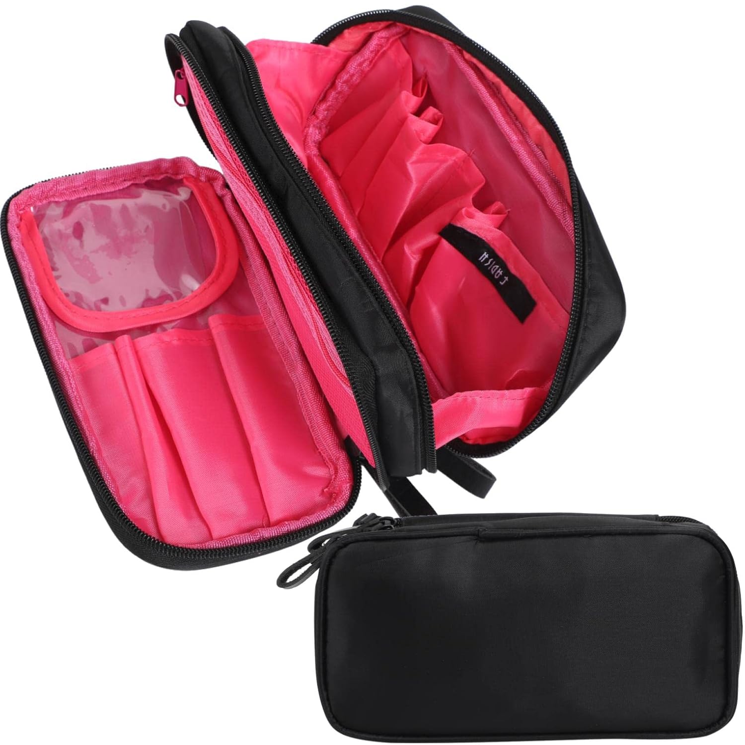 

Fogman cosmetic pouch large capacity partition 3 layers functional compact easy organize use opens wide (Black/Pink)