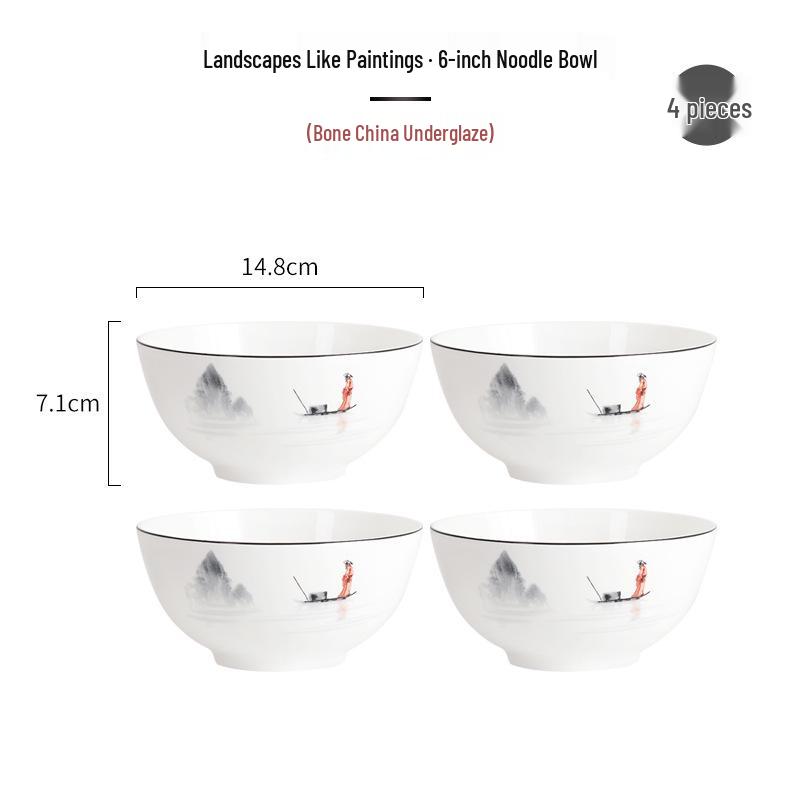Tangshan Underglaze Ceramic Landscape Ramen Bowl Set