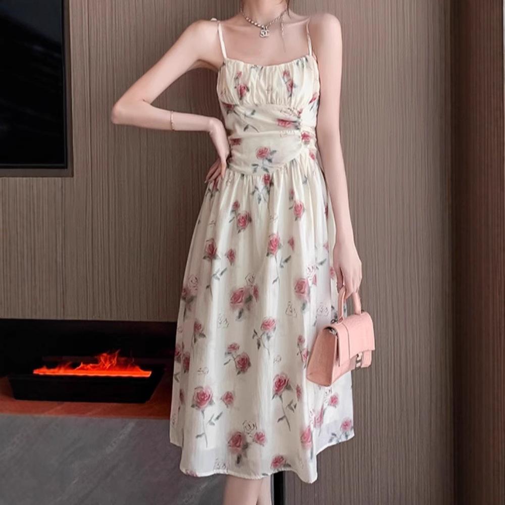 Romantic coffee break dress summer new suspender rose French waist floral seaside vacation fairy skirt tide