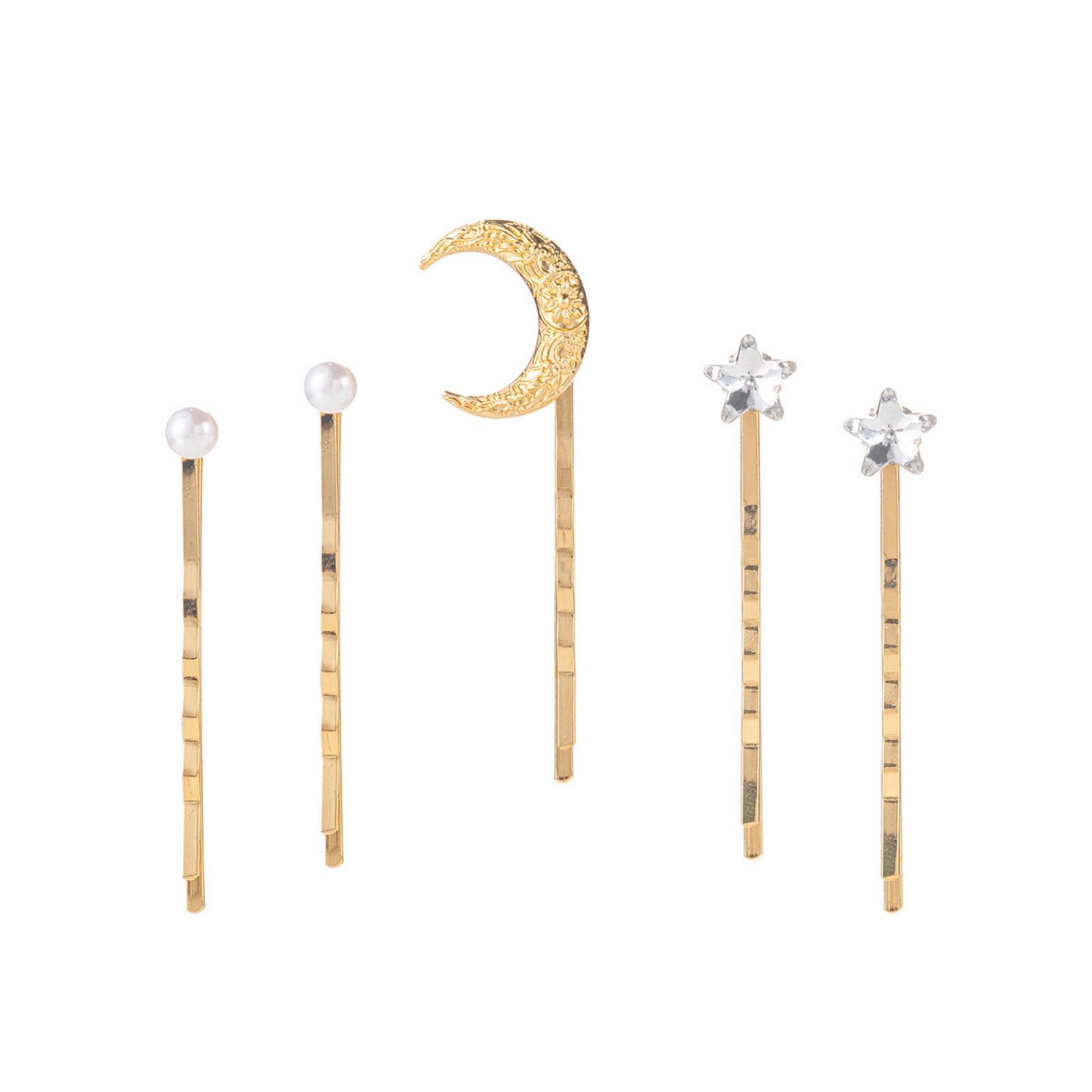 

5PCSMoon Star Pearl Hair Pins Set For Women Vintage Gold Tone Celestial Hair Barrettes Faux Pearl Rhinestone Star Hair Accessory
