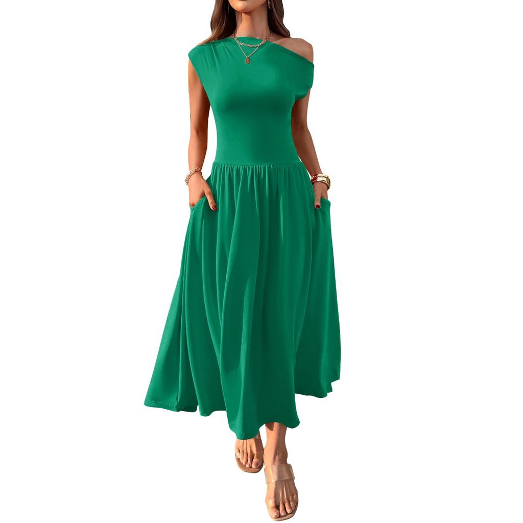 Women's Asymmetric Neck Sleeveless Maxi Dress Slim Fit Elastic Waist Casual Pocket Long Dress