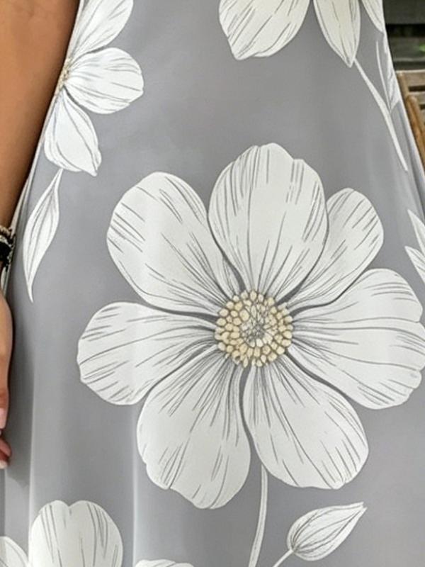 Bohemian Maxi Dress Light Gray White Flower Vacation flowy slip Thin sleeveless French spaghetti Elegant Spring Travel Dress