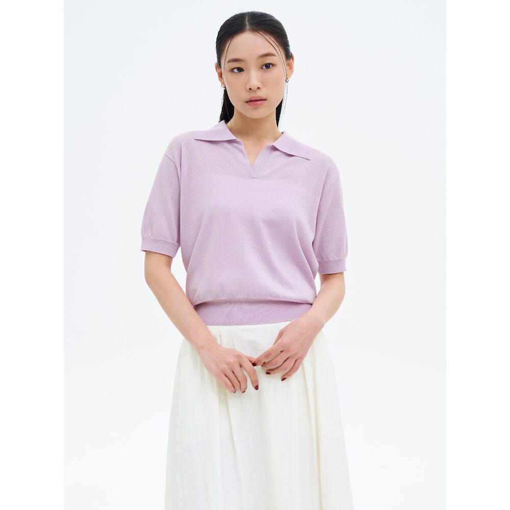 Open Collar Neck Short Sleeve Pullover Lavender Lavender/M
