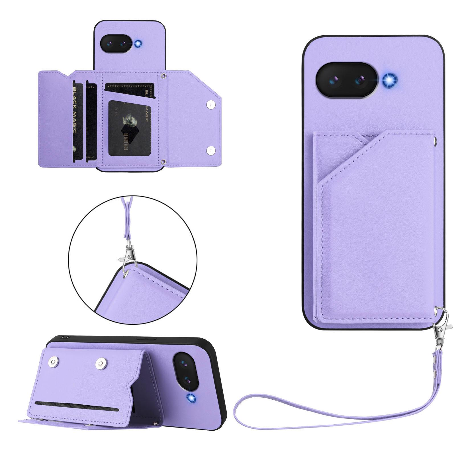 

For Google Pixel 9a Case Card Holder Kickstand Skin-Touch Phone Cover with Wrist Strap Light Purple