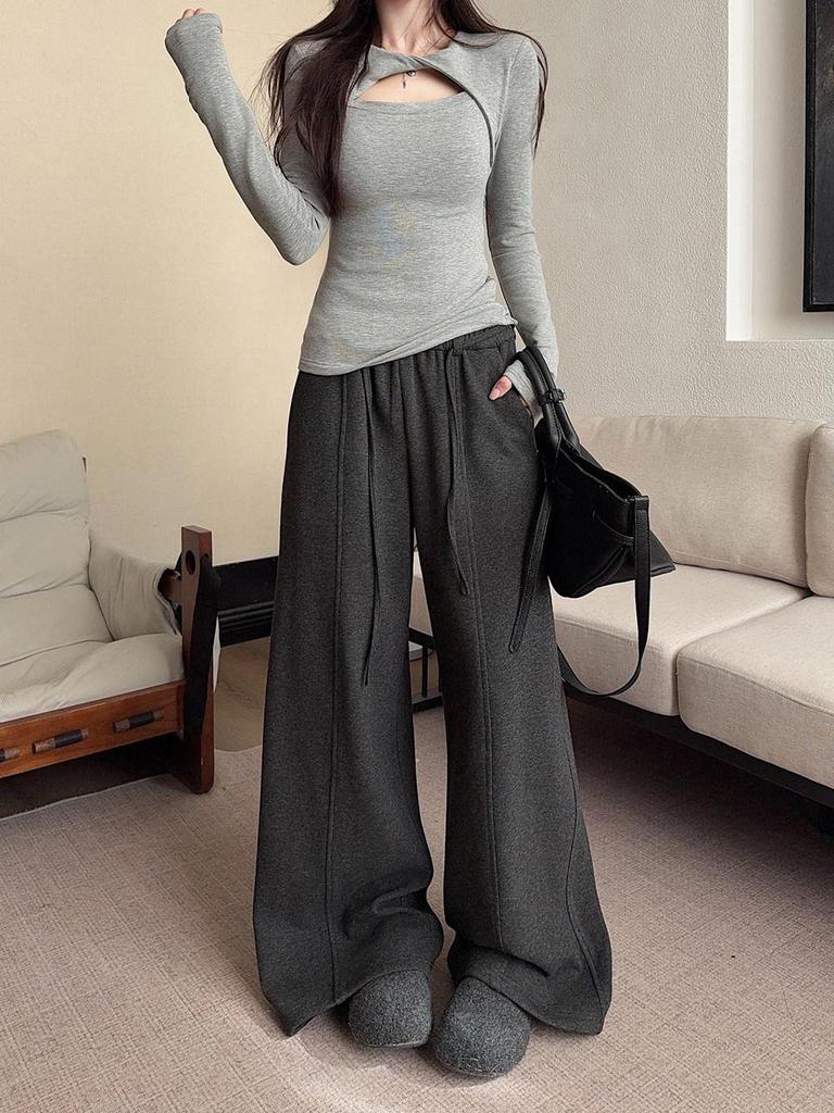 Gewindesamt Grau Ausgeschnitten Langarm-T-Shirt, Damen Slim Fit Herbst/Winter Basisschicht