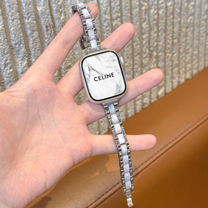 

Beads Metal Patchwork Resin Thin Strap Iwatchs10/9 Fancy Small Waist Thin SE2/5/6/7/8 Generation Apple Watch Classic Style Elegant Wrist Strap Female Silver For 41mm dial-iwatch7/8/9 generation