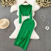 Retro Fashion Suit Spice Spice Style Round Neck Short Top + High Waist Slit Knit Skirt Two Piece Set