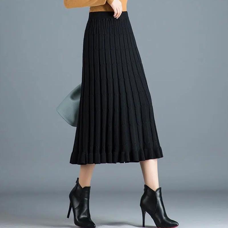 

Женские осенние вязаные плиссированные юбки, офисные женские зимние однотонные юбки из утолщенной шерсти, эластичные длинные юбки трапециевидной формы с высокой талией S чёрный