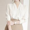 Women's Korean Style White Chiffon V-Neck Long Sleeve Blouse - 2025 Summer Edition