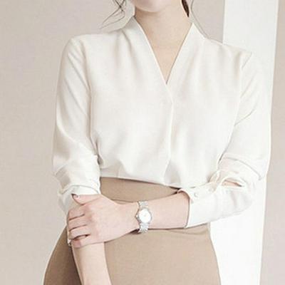 Blouse Chiffon Blanc Manches Longues Col V Style Coréen Femme - Édition Été 2025