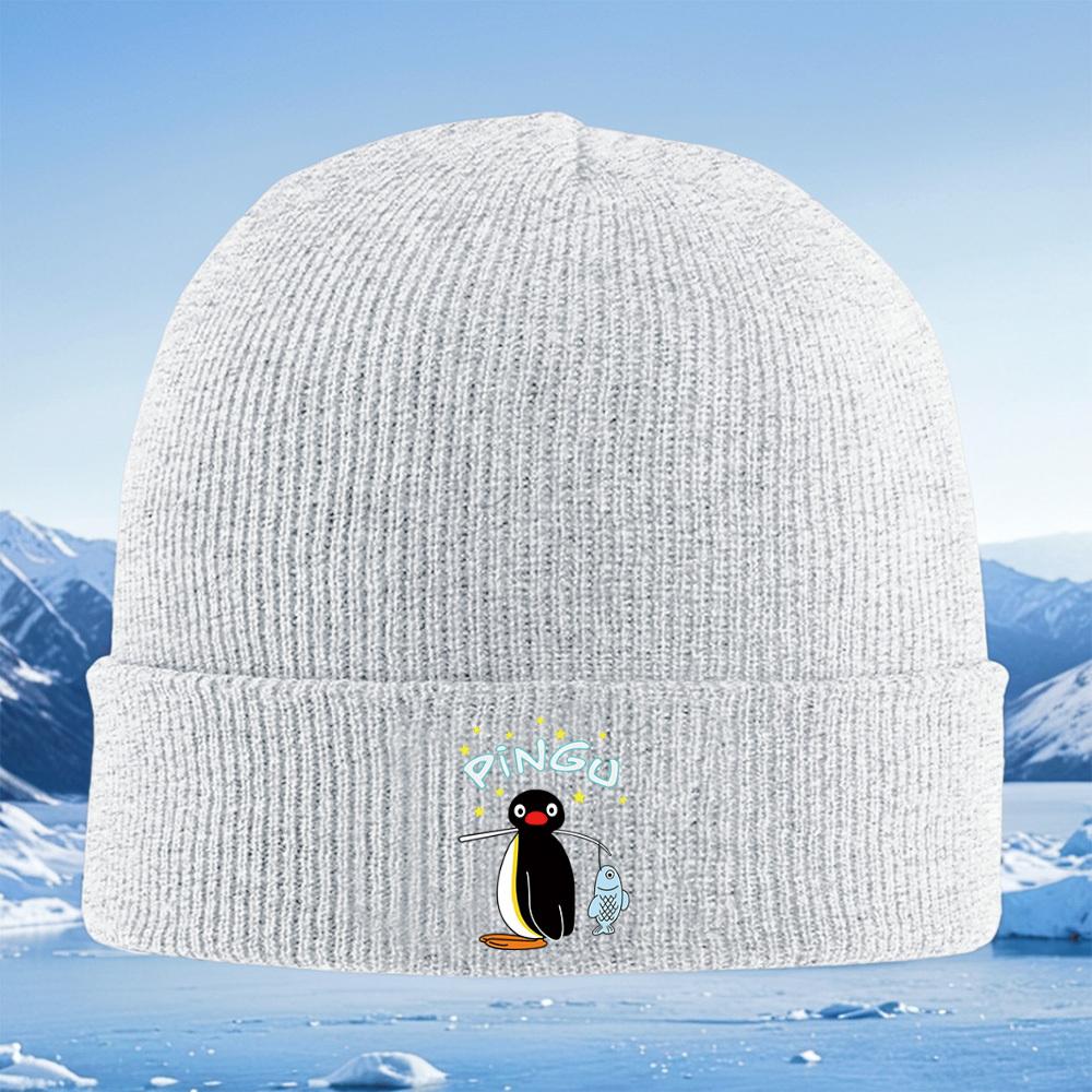 Pingu hält Fisch schwarzer Hintergrund Sterne Männer Frauen Unisex Strickmütze Beanie Pullovermütze Winter Thermisch Warm Weihnachten Outdoor