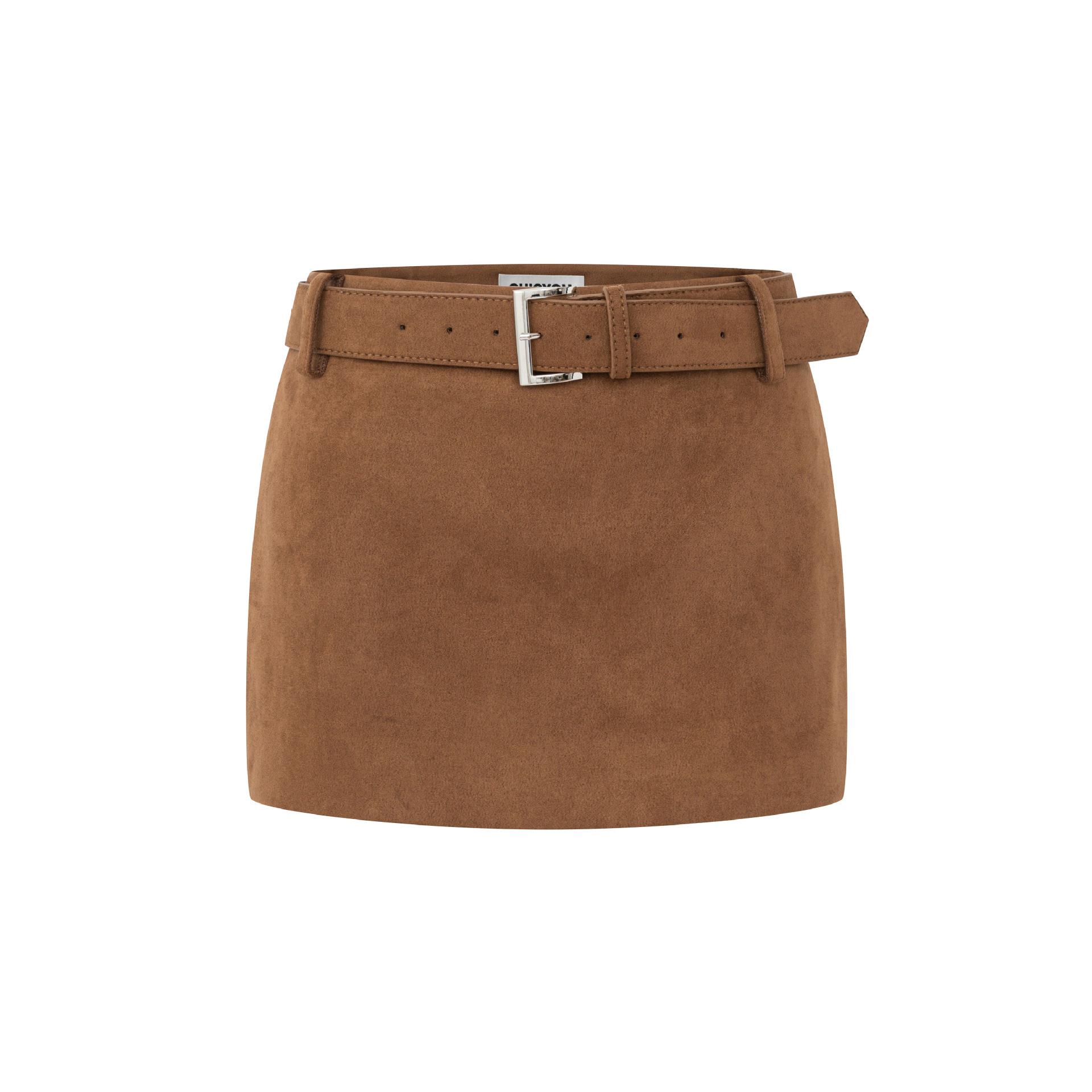 

CHICYOU Brown Faux Suede Belted Half-Length Skirt - Versatile, Fashionable, Slimming. XS темно-коричневого