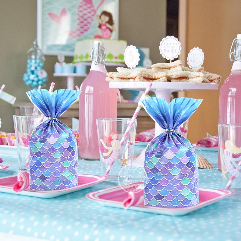 50pcs Mermaid Tail Candy Gift Bag Kid Girl Little Mermaid Theme Birthday Party Supplies Cookie Bag Baby Shower Decoration Favors