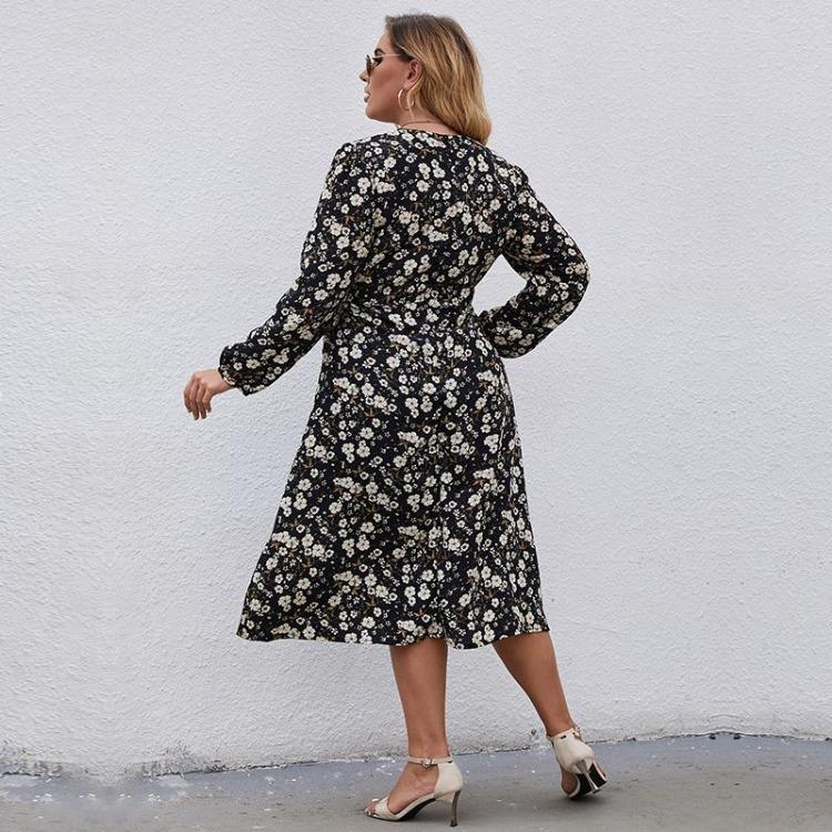 Women Chic A Line Dress High Waist Slim Fit V Neck Long Sleeve Printed Lace Up New Autumn Winter XL 5XL