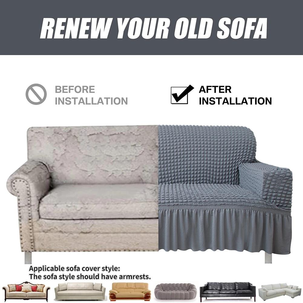 High Elastic Bubble Grid Sofa Cover 1/2/3/4 with Skirt Hem Universal Stretch Couch Protector for Home Living Room Pet Anti Dirt