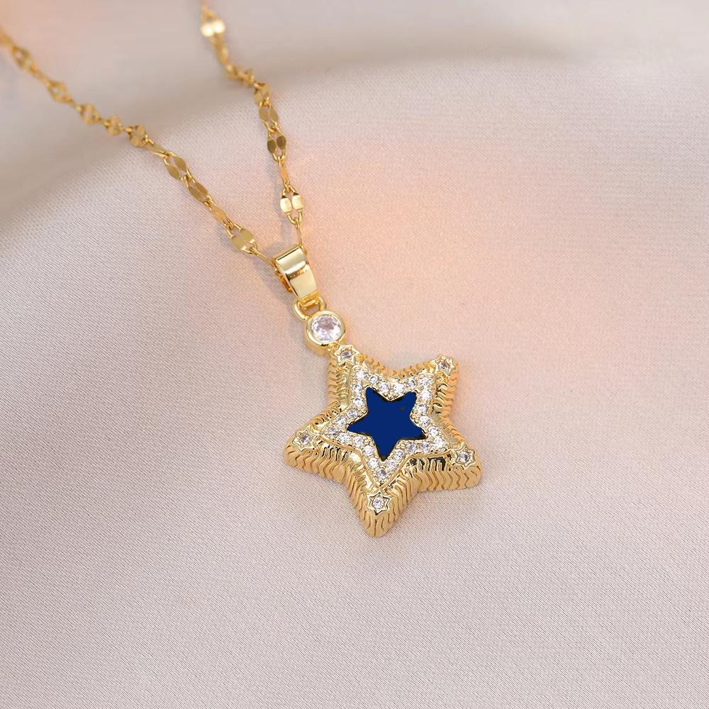 Colorful Zircon Pentagonal Star Pendant Necklaces for Women Girls Stainless Steel Trendy Vintage Star Jewelry Accessories Gifts