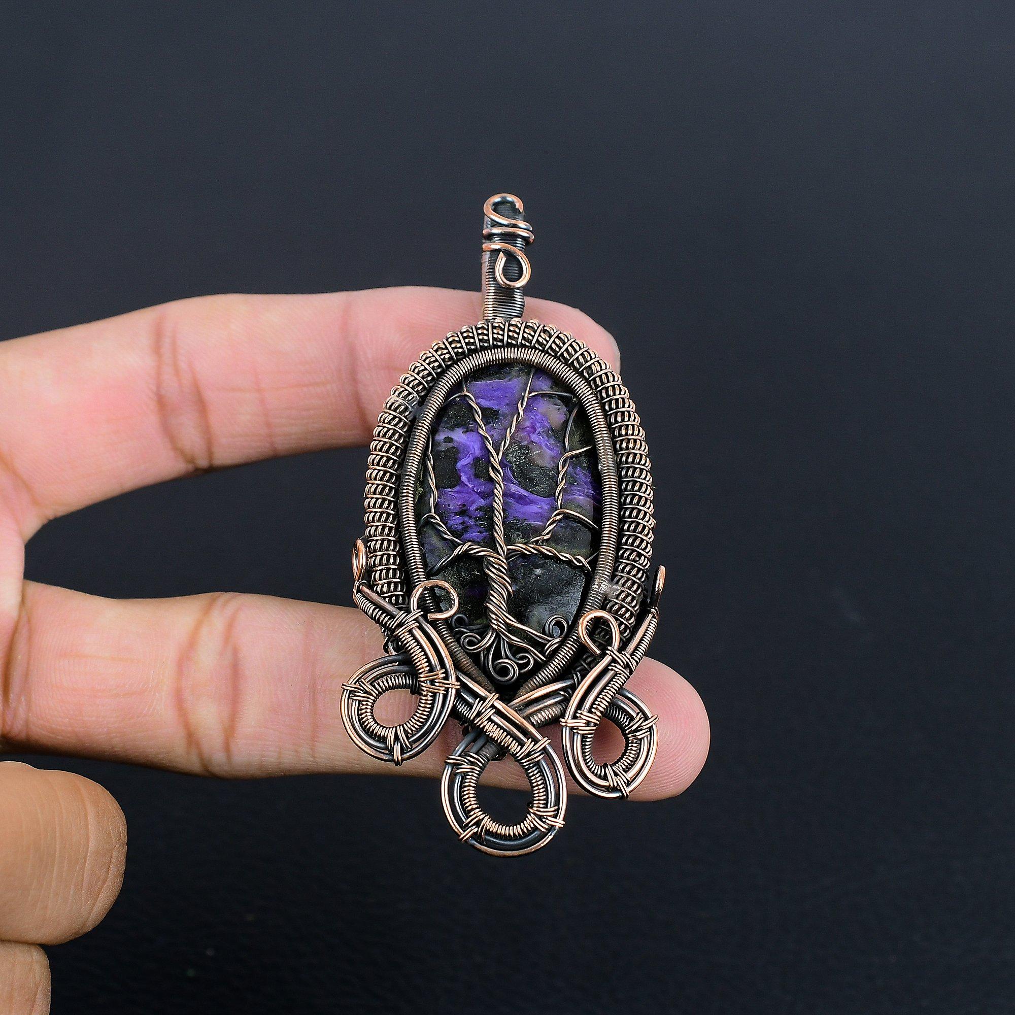 

Tree Of Life Charoite Handmade Gemstone Pendant, 999 Copper Wire Wrapped Pendant Antique Jewelry, For Engagement Gift 2.28 Inches