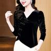 V-neck Golden Velvet Top Women's Autumn Clothing New Retro Chinese Style Button-up Shirt High-end Foreign Style Black Bottoming Shirt
