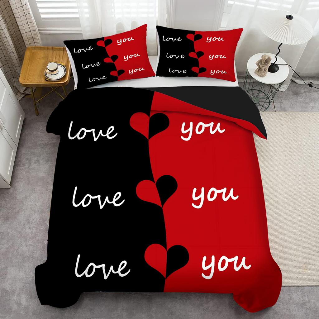 Love Pattern 3D Printed Quilt Cover Set Black Red Color Matching Couple Style Bedding Set Home Textiles Duvet Cover Pillowcases