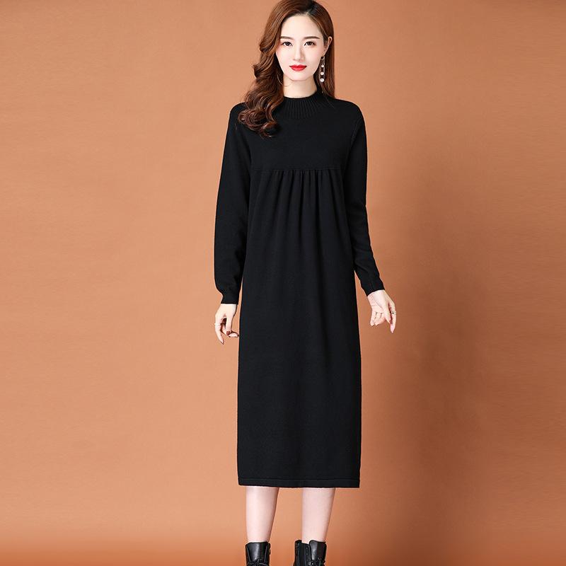 Knitted Dress for Women Loose Mid-length Sweater Long-sleeved Casual Sweater Dress for Autumn and Winter