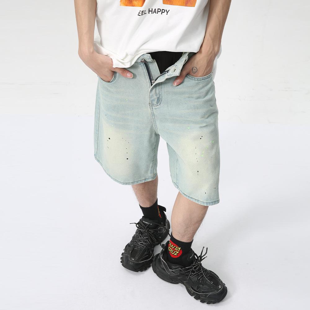 Men's Summer New Product with Splashed Ink Dot Design, Light Blue Washed Five Point Jeans Trend