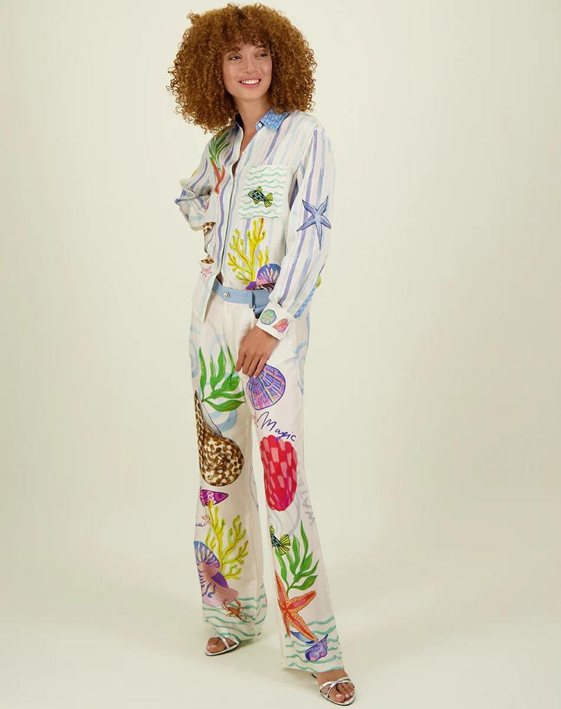 1116 new European and American satin printing personalized graffiti casual shirt and trousers two-piece set