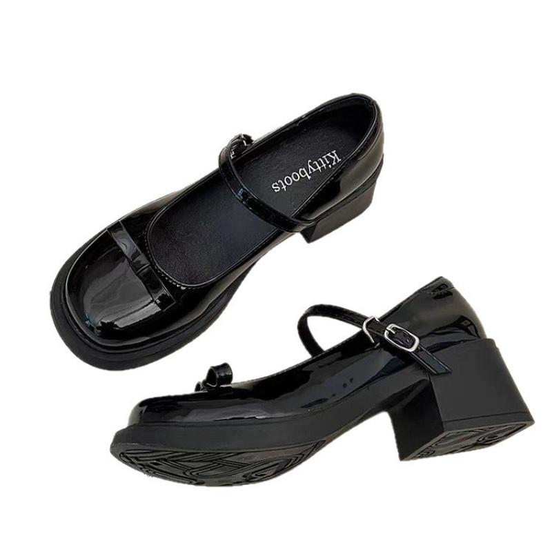 Coarse heel Mary Jane shoes women's autumn new bow versatile brown one-button small leather shoes