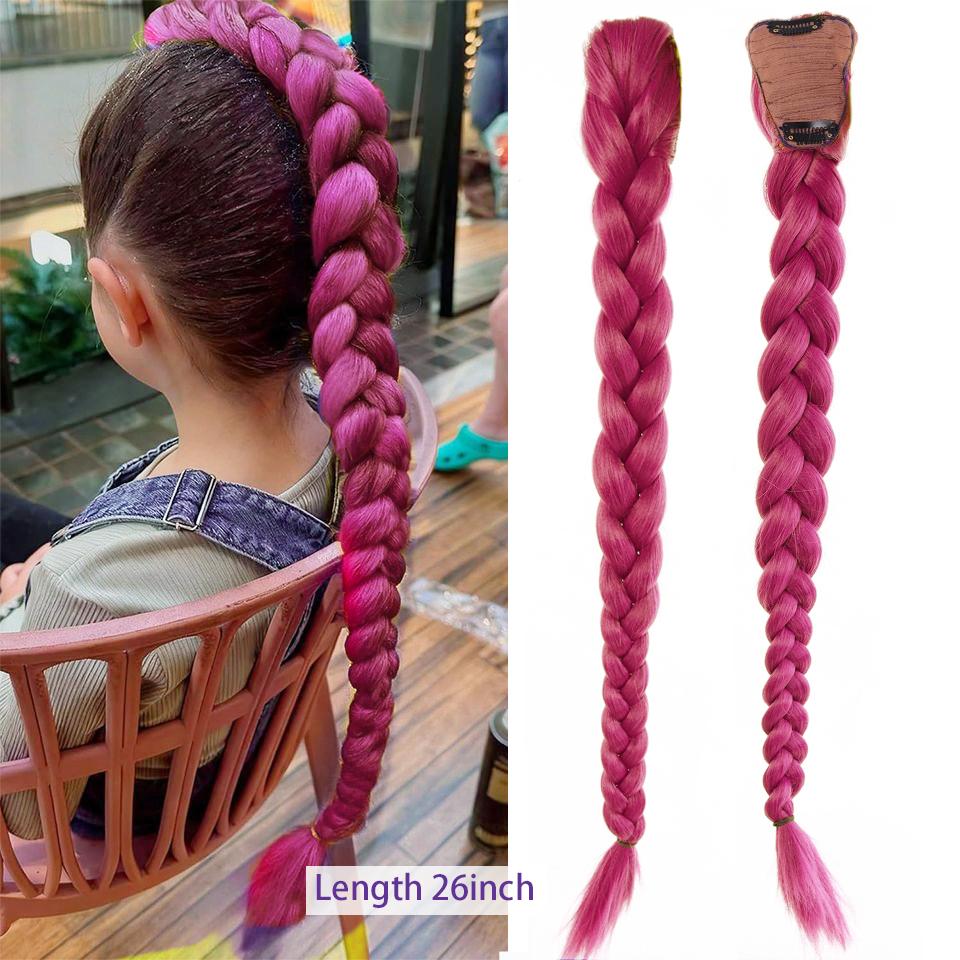Synthetische Gevlochten Paarse Haar Paardenstaart Rumi Kostuum Kapsel 26 inch Lange Paardenstaart met Clips voor Kinderen Meisjes Halloween Kerst black