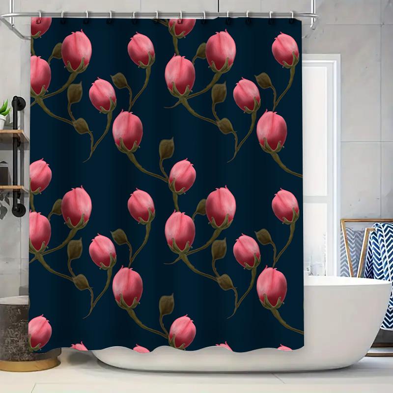 

Luxurious Pink Rose Shower Curtain Waterproof Fabric for Bathrooms Home Decor Navy Blue Floral Print Size 72x84 Inches 90x180cm